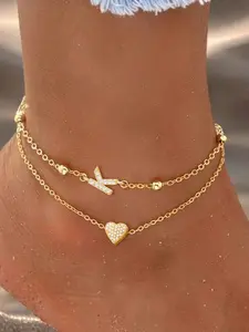 2-Piece Set Pave Zircon Heart Personalized Initial Pendant Anklet Chain, Fashion Stainless Steel Multi-Layer Women's Anklet, Accessories