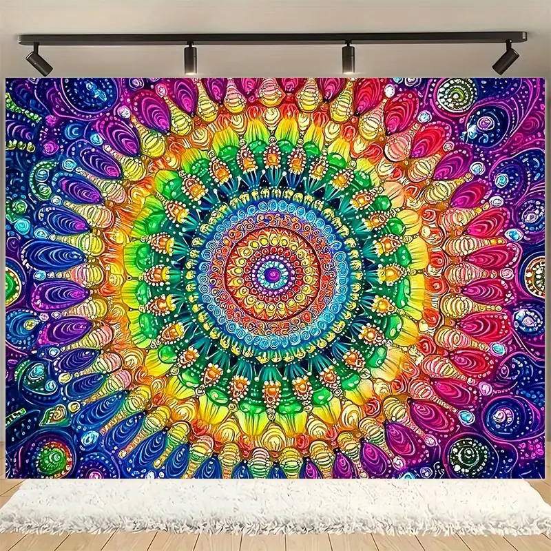 Bohemian Colorful Mandala Blacklight Tapestry - Durable Polyester Fiber, Versatile Indoors Wall Decoration for Home, Photography Studio, No Power Required