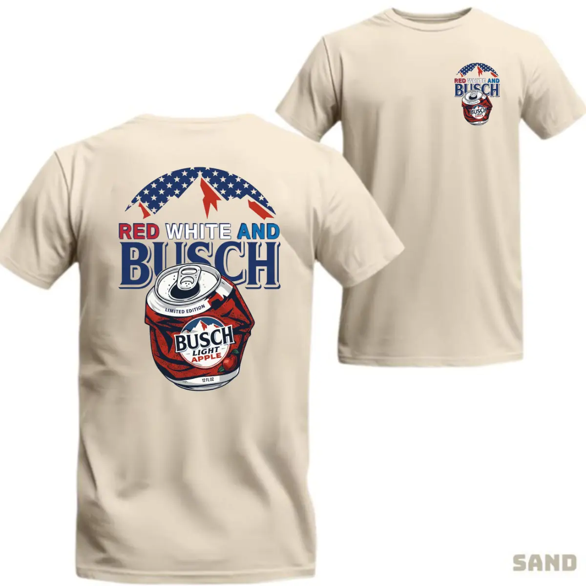 Red White and Blue Busch Light Apple Beer 4th Of July America Flag T-Shirt, Independence Day Patriotic Design 2 Sided Unisex Cotton T-shirt for Men for Women Menswear Womenswear Top