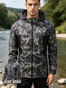 Trendy Men's All-Season Camouflage Windbreaker, Drawstring Streetwear Hooded Jacket, Geometric Pattern Outdoor Coat, Essential Casual Outerwear