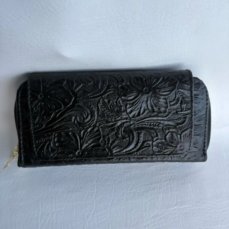 Mexican Artisan Leather Wallet, Intricate Floral Design Collection women’s