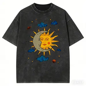 valentine shirts Men's Moon and Sun Printed T-shirt Oversized Short Sleeved Retro Washed Shirt Summer Top