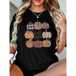 Halloween Pumpkin Printed Cute Crew Neck Short Sleeve T-Shirt for Women 100% Cotton Fall Graphic Tee Fashion Gift