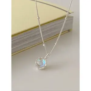 925 Sterling Silver Pendant Necklace, Bohemian Elegant Style with Gemstone Decoration, Versatile Clavicle Chain, Dainty Round Pendant Necklace Perfect Gift for Women