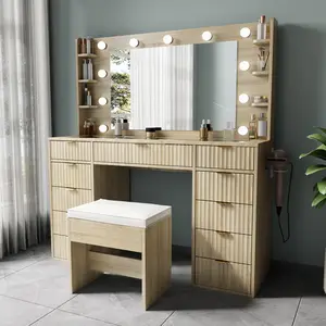Vanity Desk with Glass Top 11 LED Bulbs Makeup Table Large Mirror Power Outlet Hair Dryer Holder 11 Drawers Cushioned Stool