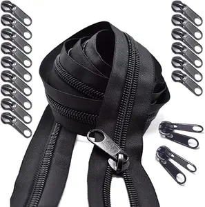 Zippers by The Yard #5 with Pull 10 Yards, 5 Nylon Coil Zipper Sliders Repair Kit 17 count, Continuous Zip Roll Nylon Coil, 2 Double Pulls Good for Tent or Upholstery Sewing (Black 10 Yards)