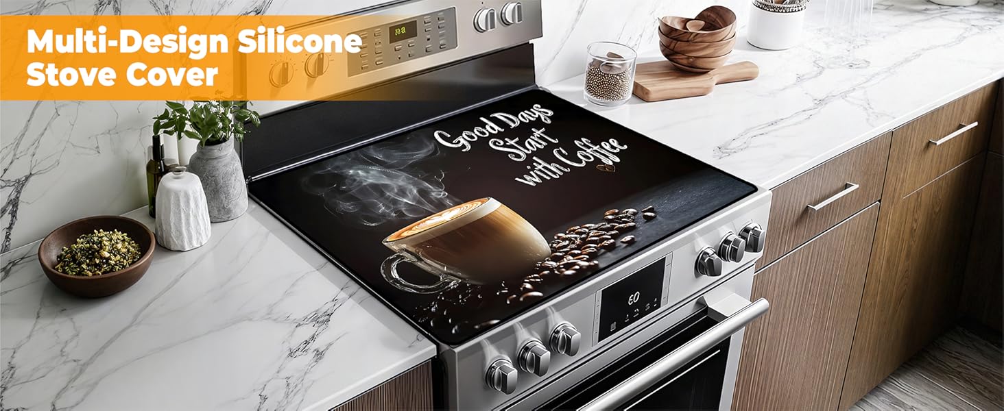 JOYFINITY Heat-Resistant Glass Stove Top Cover with Anti-Slip Rubber Coating – Electric Stove Protector, Scratch-Resistant, Expands Counter Space, Stylish Kitchen Decor (Cafe)