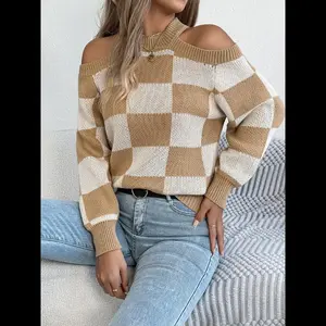 Women’s Fall/Winter Plaid Colorblock Long-Sleeve Pullover Sweater, Crew Neck Drop-Shoulder Knit Top, Casual Fashion for Women