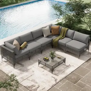【2 packages arrived at different times】AECOJOY 7 PCS Patio Outdoor Furniture Set with Tea Table, Boho Outdoor Sectional Outdoor Sofa Wicker Conversation Set, Grey Rattan&Light Grey Cushions
