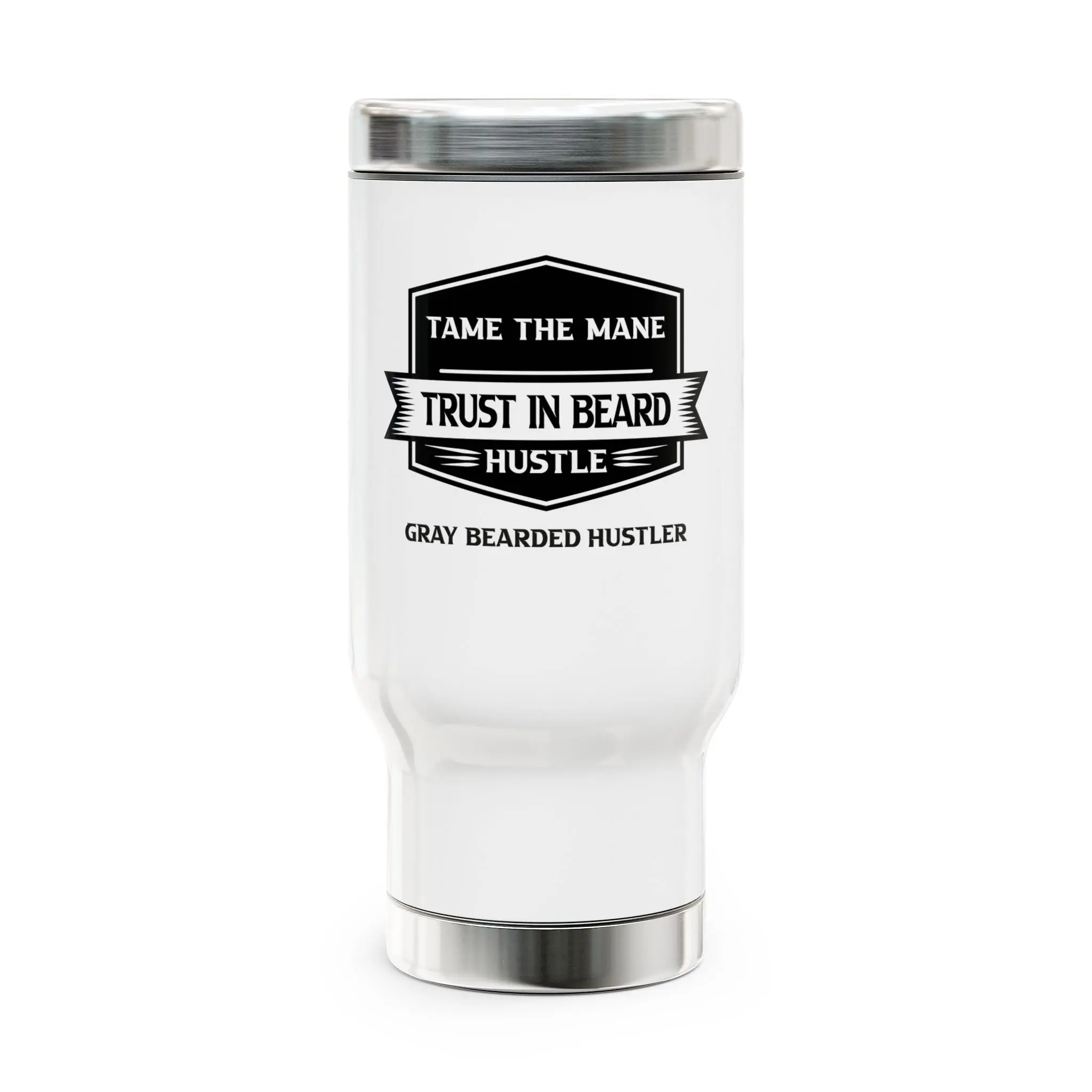 Gray Bearded Hustler Stainless Steel Travel Mug with Handle, 14oz