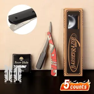 Men's Manual Shaving Razors Set, 1 Set Stainless Steel Razor with 1 Box Replacement Blade & 2 Counts Blade Protective Net, Professional Barber Tool