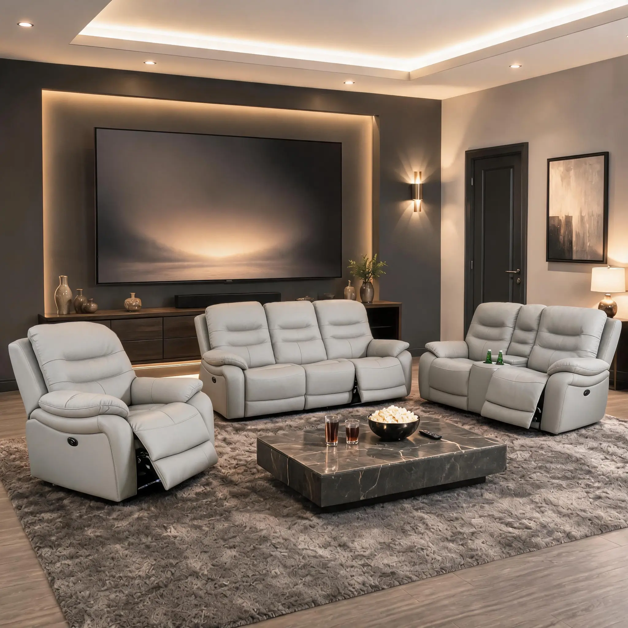 Ainehome Modern Grey Genuine Leather 3-Piece LED Electric Recliner Sofa Set, Living Room Couch with Breathing Function, Adjustable Backrest, and Storage Features bedroom lounge