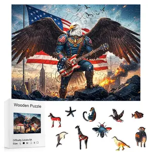 Independence Day Wooden Puzzle, Cool Rocker Eagle with Guitar & Flag, Patriotic Themed Jigsaw Puzzle, Ideal for Gifts & Home Decor, Wooden Handmade Puzzle
