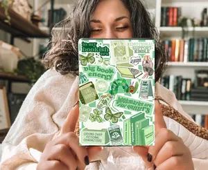 Green Bookish Collage Kindle Insert with Sparkly Overlay, Clear Case Kindle Paper Insert, Cozy Reader Accessory