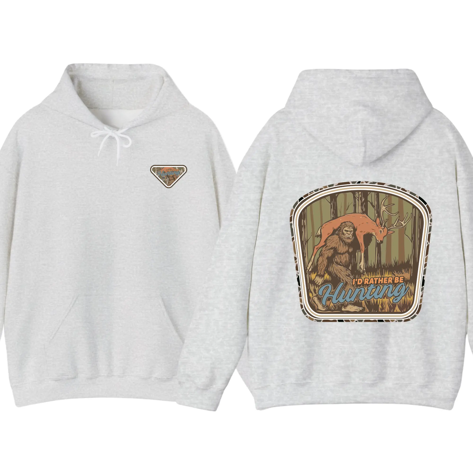 Funny Bigfoot Hunting Hoodie – Rustic Outdoorsman Sasquatch Carrying Deer Graphic Pullover, 100% Cotton Unisex Streetwear, Trendy Camo Hunter Gift for Men & Women