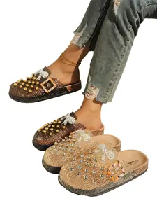 Women's Rhinestone Bow Sandals, Transparent Crystal Thick Sole, Luxurious Outdoor Slip-On Mules, Studded Platform Clog, Spring & Fall Casual Shoes