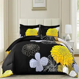 7 Pieces Bed in a Bag Queen King Size Yellow Black Comforter Set Soft Microfiber Floral Bedding Set Quilted Comforter Sheet Set Pillow Shams