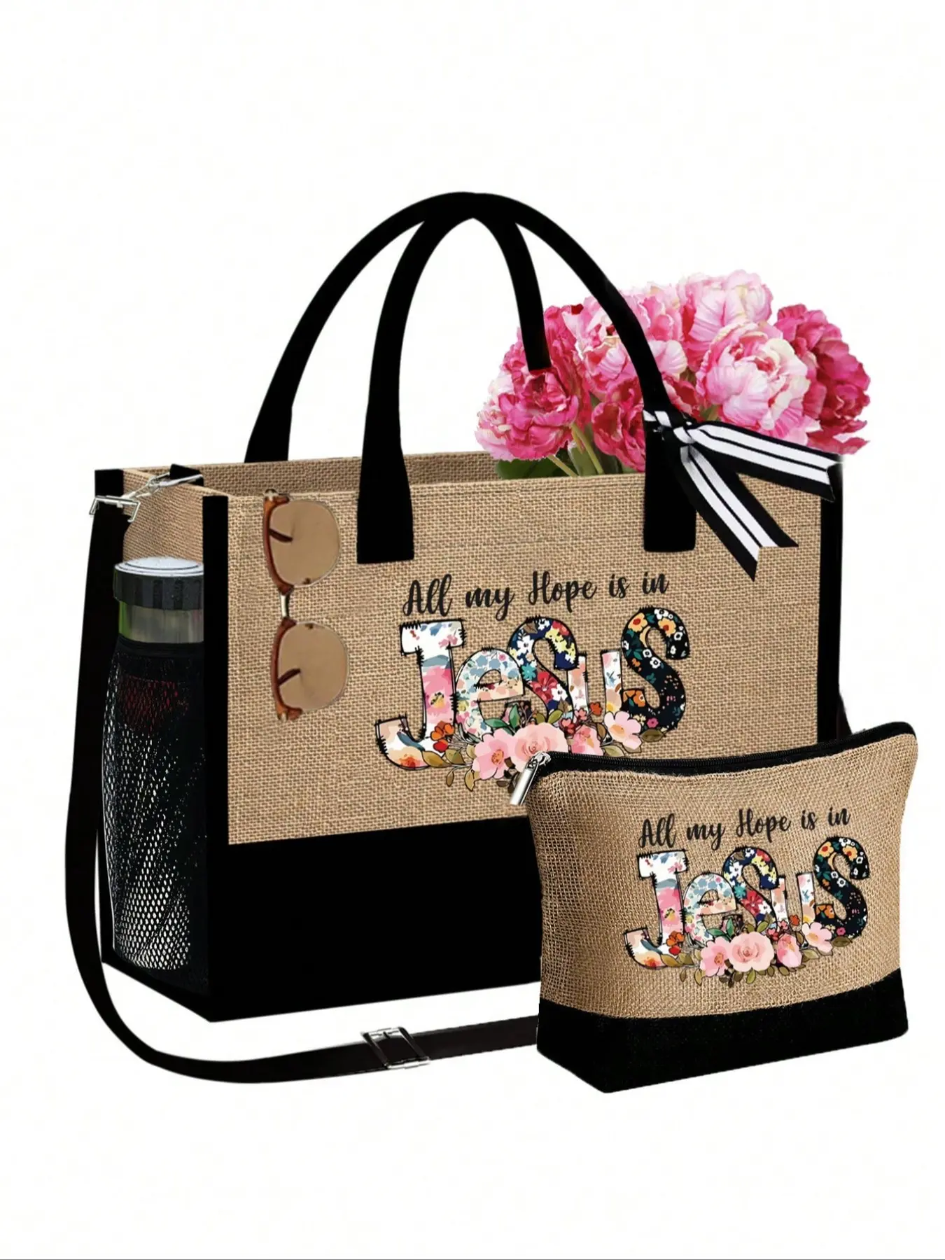 Jesus Flowers, Cross, Christian Prints Large Capacity Burlap Tote Bag, Design Tote Bag, With Makeup Bag, Christian, Express Your Beliefs, Letter Print Shoulder Bag, Women'S Handbag, Shopping & Gift Bag, Daily Use, Work, Teacher Tote Bags