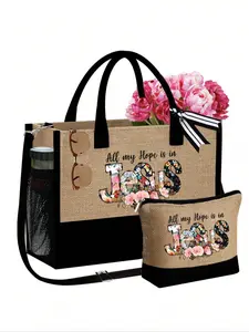 Jesus Flowers, Cross, Christian Prints Large Capacity Burlap Tote Bag, With Makeup Bag, Christian, Express Your Beliefs, Letter Print Shoulder Bag, Women'S Casual Handbag, Shopping Bag & Gift Bag, Daily Use, Work, Teacher Tote Bags
