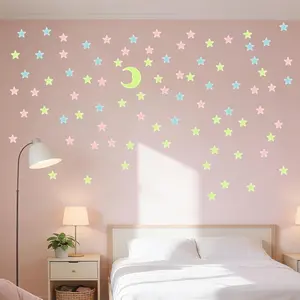 Glow in The Dark Stars for Ceiling, Colorful Glowing Stars and 2Pcs Moon Sticker 3D Star Stickers Plastic Glow Star for Ceiling Bedroom Wall Stickers Boys & Girls Room Decorations