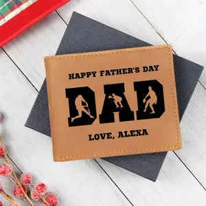 Baseball Silhouette Dad Wallet – Full Grain Cowhide Leather Bifold – Sports Gift for Father's Day or Baseball Coach