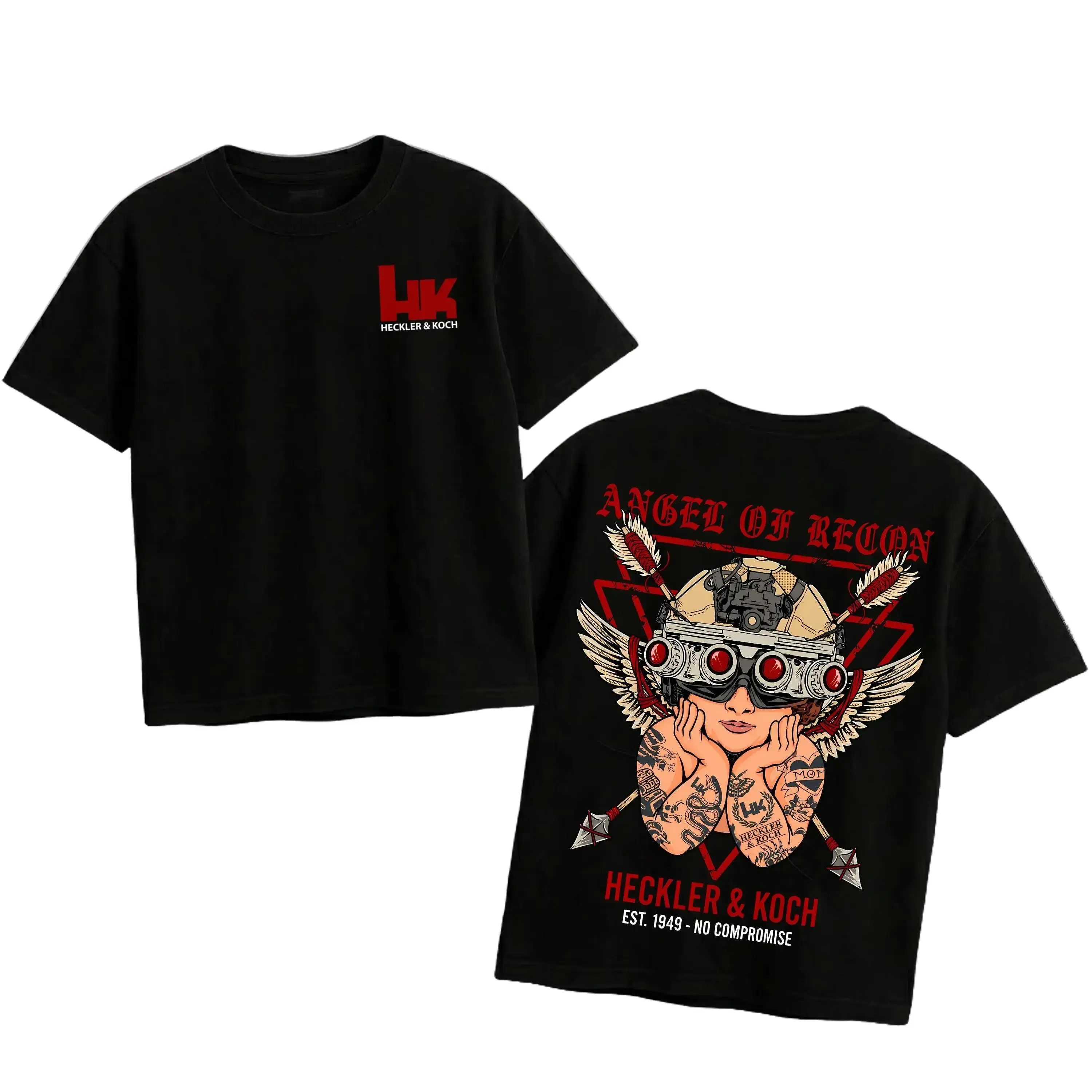 Heckler & Koch American Angel T-Shirt_Hoodie , Unisex Short Sleeve, 100_ Cotton Casual Menswear, Gun Shirt Tactical Gear, Graphic Good Shirt, Made In USA.