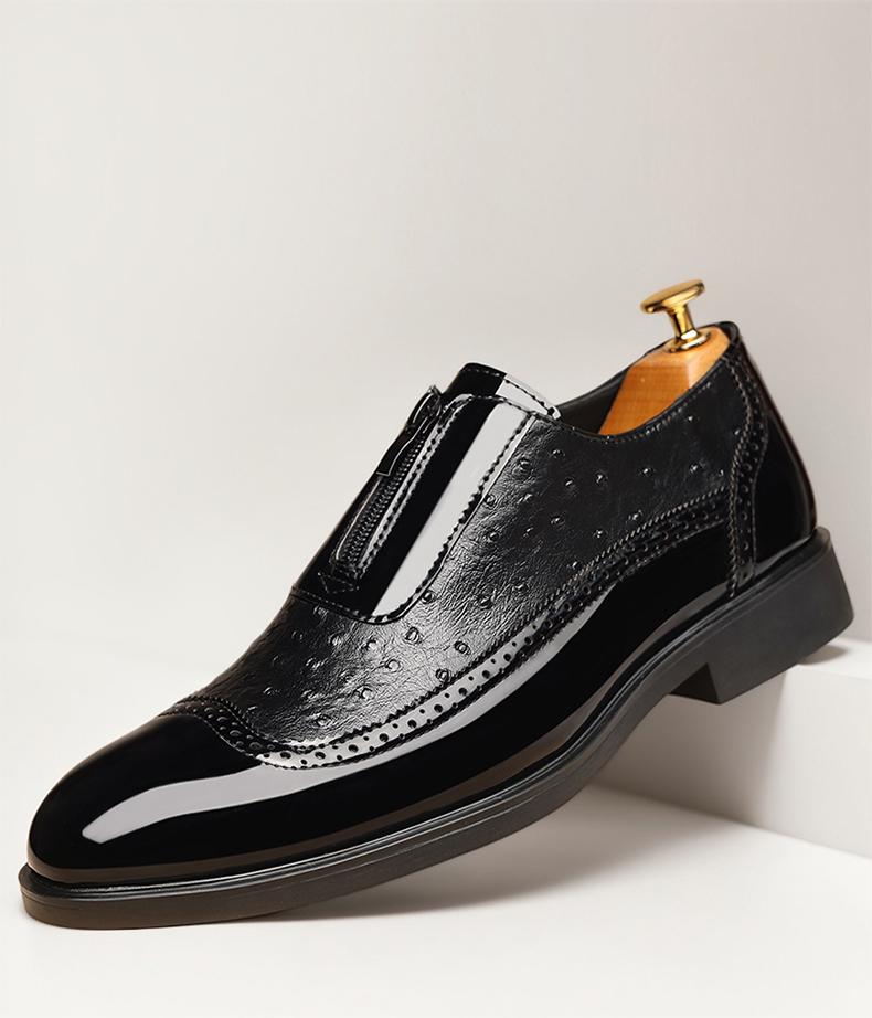 Men's Ostrich-Embossed Zipper Loafers, Brogue Formal Dress Shoes58096