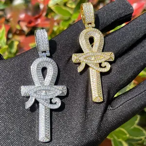 [ICE HUE]18K Gold Vacuum Plated Copper with 5A+ Sri Lanka Zircon Eye of Horus Ankh Cross Pendant with Necklace Miami Italy Mexico & Micro Inspired for Women & Men Luxury Jewelry,Daily Wear,Casual Fashion,Gift Idea,,Classic,Hip Hop,Simple