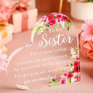 Sister Keepsake Gift - Pastel Floral Acrylic Heart & Wood Stand, A Sister is God's Blessing Valentines Birthday Gift for Sisters (Memory Decorations)