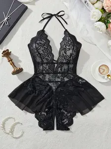 Women's Sexy Deep V-Neck Strapless Lace Bodysuit - Soft High-Elastic Floral Patchwork Knit Fabric Teddy Onesie, Lightweight Minimalist Fit Sheer Shapewear Lingerie Sleepwear Gift