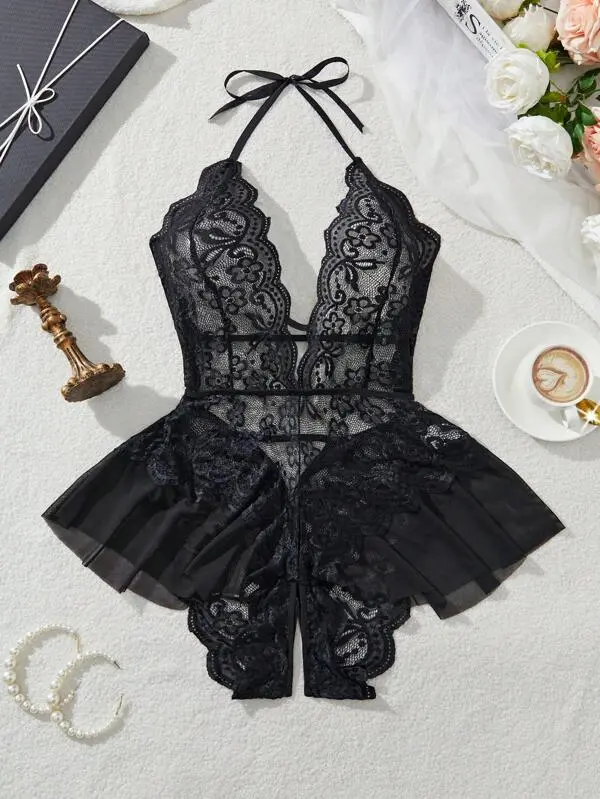 Chic Floral Lace Bodysuit for Women, Strapless Deep V-Neck Teddy Lingerie, Elegant Open-Crotch Knit Piece, Romantic Womens Gifts, Elegance, Minimalist, Lingerie For Women, Romantic Gifts For Her, Fantasy