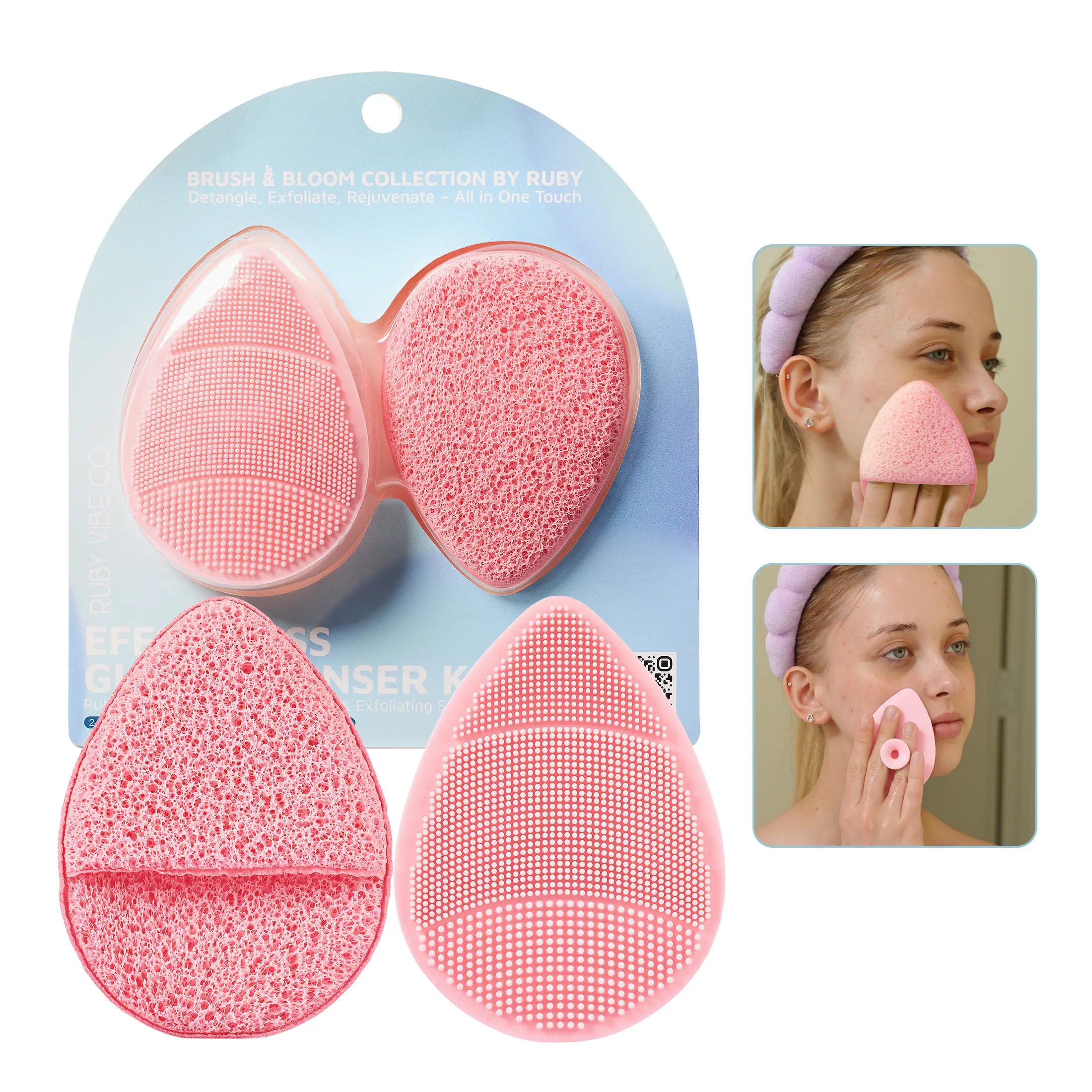 Ruby Vibe Co 2pc Face Exfoliator Scrubber & Facial Cleanser Brush Set, Gentle Silicone Face Wash Brush & Exfoliating Sponge Spa Kit, Daily Use