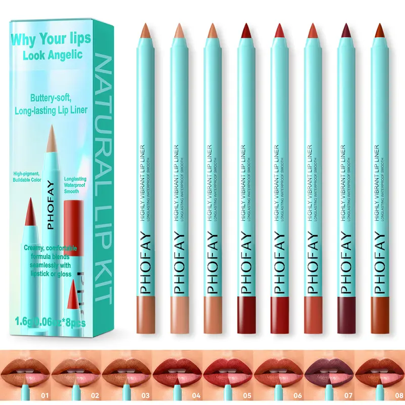 PHOFAY Lip Liner & Lip Gloss Set – Smooth Application, Blendable Colors, Nude Brown Red Shades for Everyday Lip Makeup