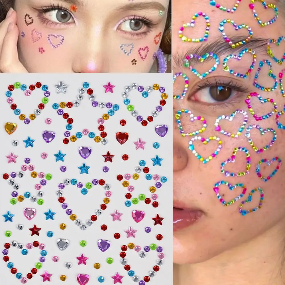 3D Acrylic Shiny Crystal Stickers Star Heart Self-Adhesive Sparkly Rhinestone Eye Face Makeup Glitter Sticker For Music Festival