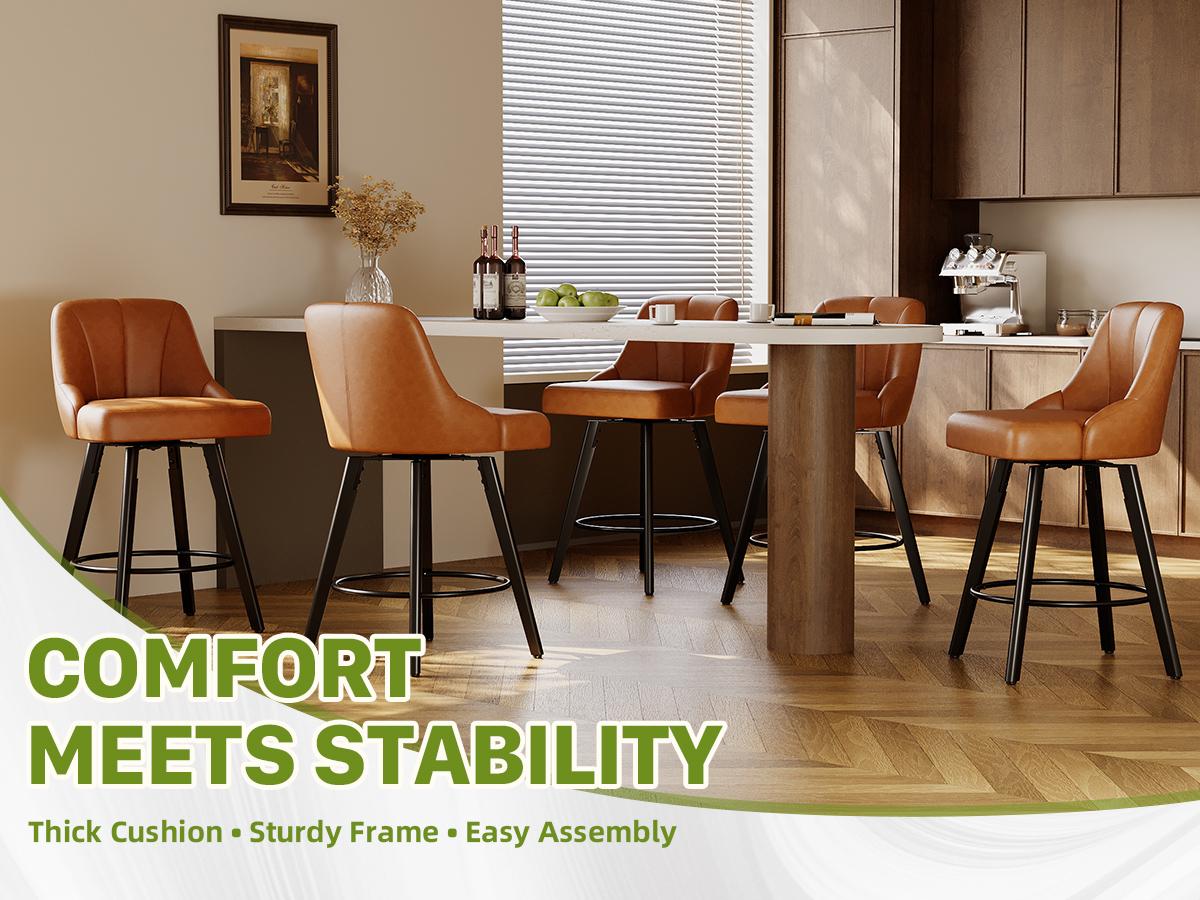 25" Swivel Bar Stools Set of 3 PU Leather Counter Height Bar Stools with Back, Fabric Swivel Counter Stool with Wooden Legs & Metal Footrest, Upholstered Bar Chairs for Kitchen Island, Bar, 350Lbs