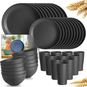 40-Piece Kitchen Plastic Wheat Straw Dinnerware Set, Dessert Plate, Cereal Bowls, Cups 13.5 oz, Unbreakable Plastic Outdoor Camping Dishes, Black