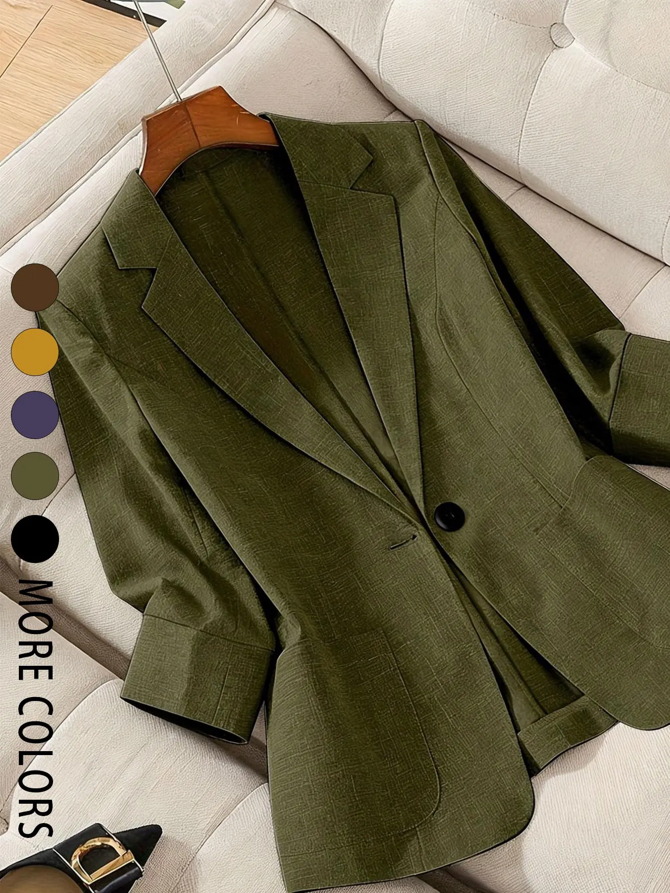 A women's solid color lapel single-breasted single-button mid-length sleeve double-pocket stylish Fitted blazer, suitable for spring and summer, appropriate for the workplace, daily wear and interview outfits, Notched Lapel Blazer