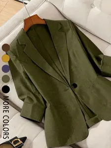 A women's solid color lapel single-breasted single-button mid-length sleeve double-pocket stylish Fitted blazer, suitable for spring and summer, appropriate for the workplace and daily wear, Notched Lapel Blazer