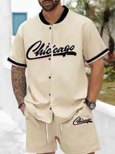 Men's Chicago Print 2-Piece Set, Short-Sleeve Button-Up Baseball Jersey & Drawstring Shorts, Casual Summer, Streetwear Fashion, Sports Top, Sporty Jersey