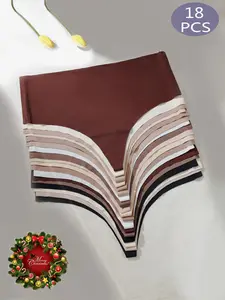 Women's Breathable Seamless Underwear, 18 Pcs Plain G-Strings, Soft Comfort, Mid Waist, Asymmetrical Design, All Season Wear