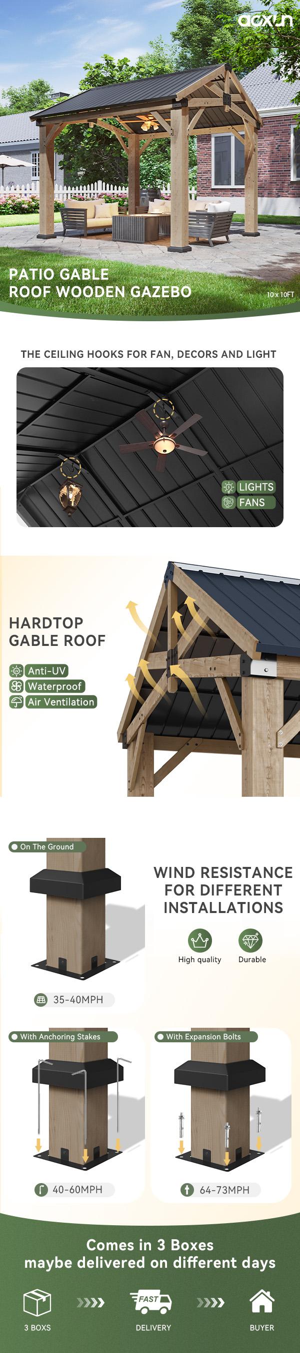 Aoxun 10'x10' Permanent Cedar Wood Gazebo, Heavy-Duty Enclosure Garden Building with Galvanized Steel Hardtop Gable Roof for Outdoor Patio, Garden, Backyard, Enclosure Garden Buildings summerwins
