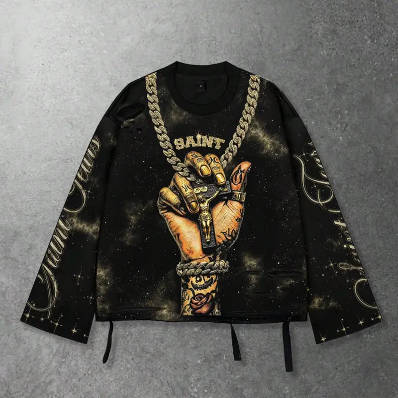 Men's Vintage Streetwear Style Saint Graphic Print Long Sleeve Round Neck T-Shirt, Loose-Fitting Short Fit, Cropped, Fall 2000s Fashion, Casual Loose, Menswear, Casual Loose Tee, Streetwear Graphic Tees