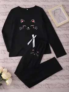 Women's Long Sleeve Knit Pajama Set Pjs Cartoon Cat Smiley Print, Casual Fitted Sleepwear & Loungewear for Spring & Fall, Comfortable Kint Fabric