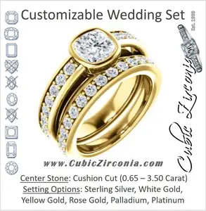 CZ Wedding Set, featuring The Racquel engagement ring (Customizable Cathedral-Bezel Cushion Cut Design with Stackable Round-Accented Band)