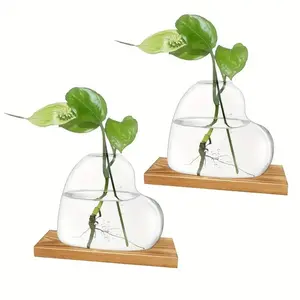 Heart Shaped Glass Vase with Wooden Stand, 2 Counts Air Plant Holder, Modern Decorative Vase for Home Office Decor, Room Decor, Table Decor, Ornaments