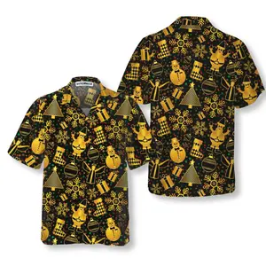Golden Christmas Elements Hawaiian Shirt, Funny Christmas Shirt For Men, Best Xmas Gift Idea, Short Sleeve Casual Button Down Shirts Summer Beach Shirt, Tropical Floral Shirt