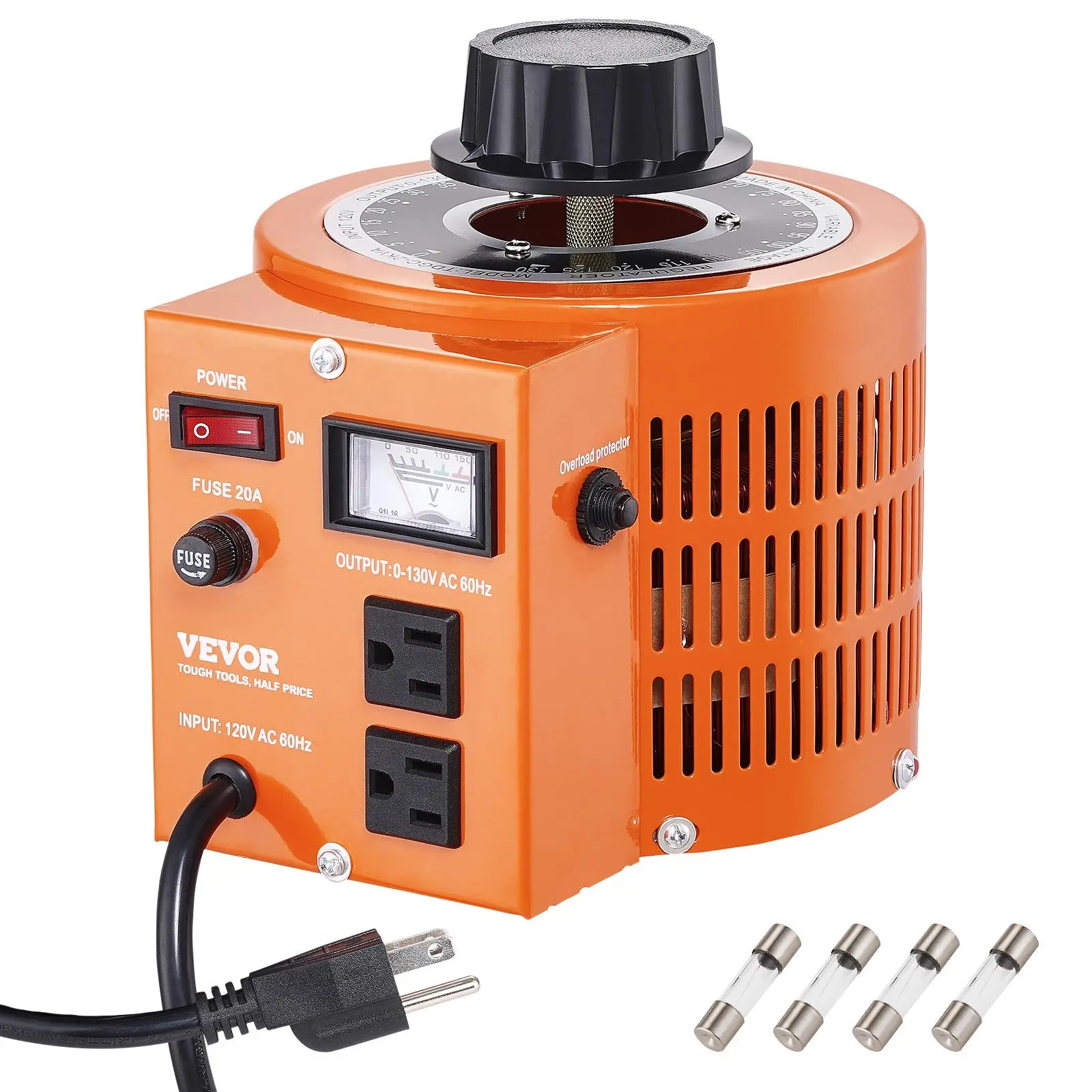 【Spotlight Day】VEVOR 2000VA Auto Variable Voltage Transformer, 15.3 Amp, 110V Input 0-130V Output AC Voltage Regulator Power Supply, with 4 Extra Fuses Thermal Control Switch for Home Industrial Office
