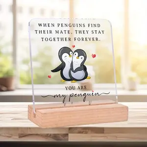 Cute Penguin & Letter Pattern Acrylic Desktop Ornament, 1 Count Lovely Wedding Anniversary Gift for Your Lover, Desktop Bookshelf Decoration, Home Decoration