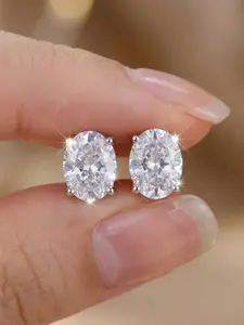 Elegant Four-Prong Single Diamond Pigeon Egg Oval Zircon Stud Earrings, Minimalist Fashion Small Sparkling Jewelry, Perfect Gift for Her