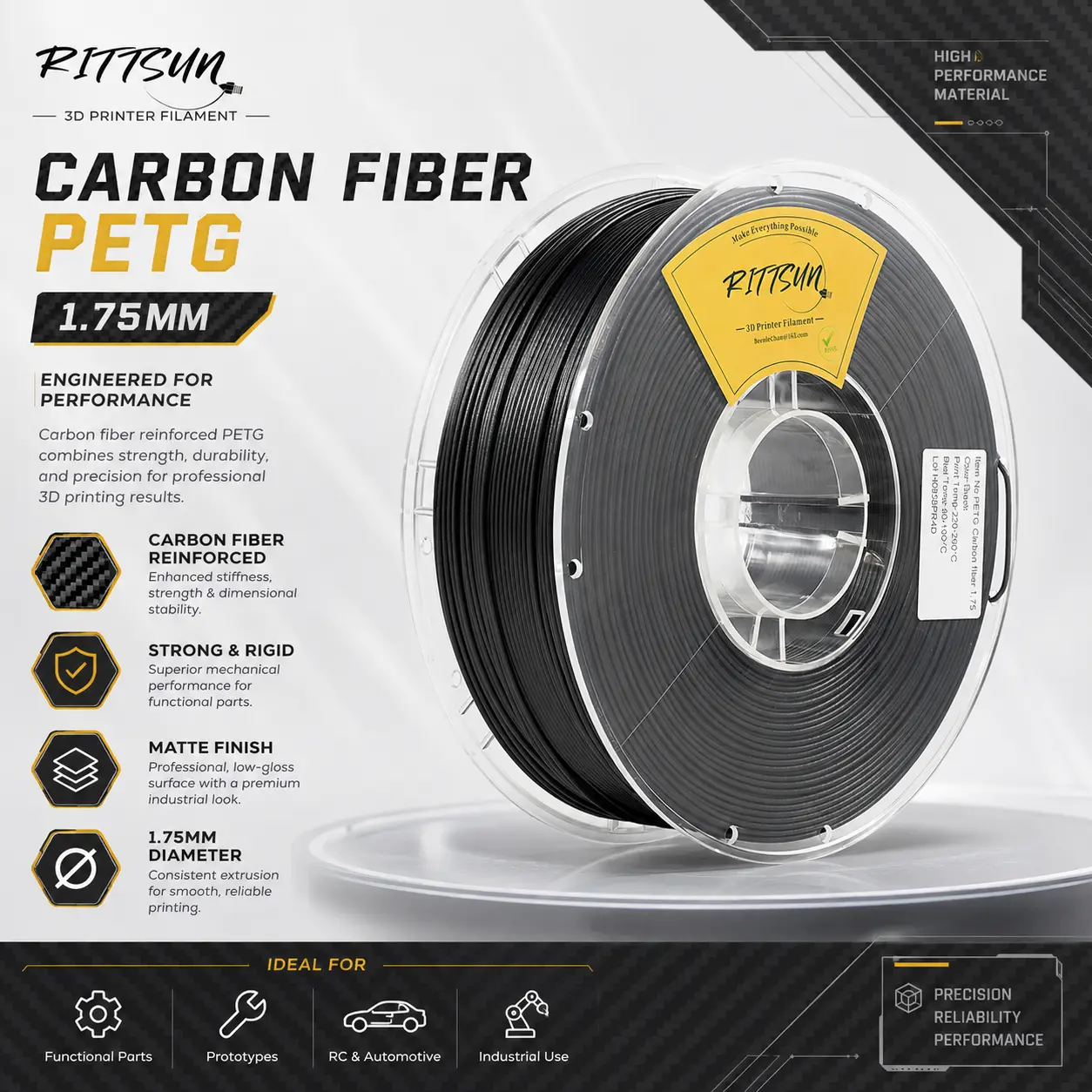 RITTSUN PETG Carbon Fiber 3D Printer Filament, 1.75mm Diameter, 1KG Spool, Matte Surface, High Stiffness, Low Warping, Smooth Printing, Ideal for Functional Parts
